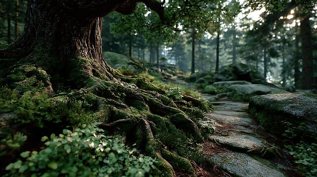Massive gnarled tree roots intertwined over moss covered ancient stones in forest images