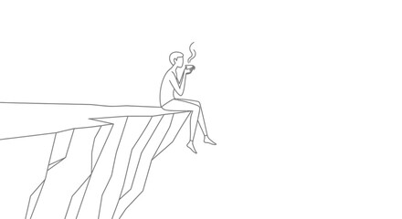 Fototapeta premium Man Sitting on Cliff Edge with Coffee, Contemplating Vast Expanse