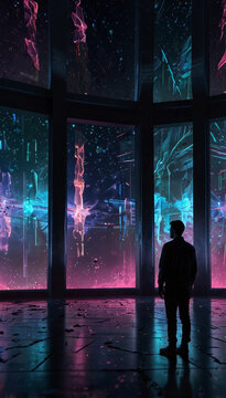 Man standing silhouetted against a neon cyberpunk cityscape window with sci fi silhouette cityscape cyberpunk futuristic building reflection architecture