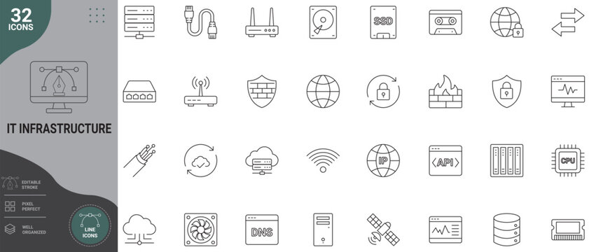 IT infrastructure icon set in outline style. Collection of network server, cloud computing, database, and hardware icons. Editable stroke, full vector illustration.