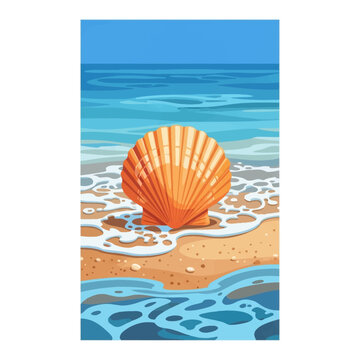 Flat vector illustration of a large orange scallop seashell resting on a sandy beach shore with blue ocean waves and white sea foam under a clear blue sky background.