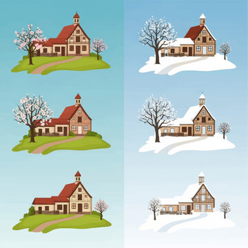 Vector illustration set showing a traditional timber-framed house in changing seasons, depicting spring with blooming trees and winter with snow-covered landscapes on a hill.