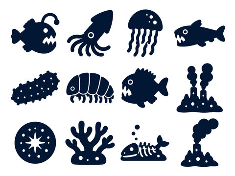 Bold Deep Sea Creature Icon Set with Anglerfish Squid Jellyfish Piranha Isopod Coral and Hydrothermal Vent Symbols