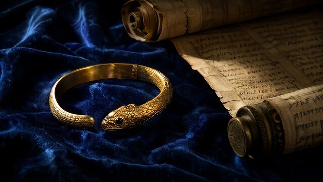 armlet. Golden serpent armlet on blue velvet with aged papyrus scrolls, historical elegance. event programs, museum guides, designed for cultural heritage projects and event programs.
