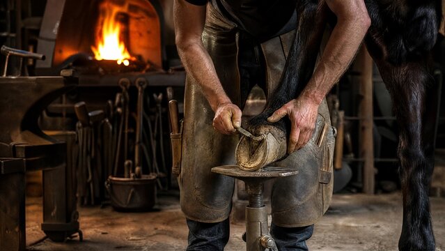 farrier. A horse's hoof on a stand, illuminated by forge light with tools nearby. safety posters, maintenance manuals, designed for precision metalworking and fabrication facilities, supports safety.