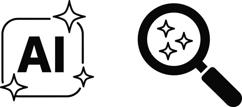 Ai logo with stars and magnifying glass icon artificial intelligence black and white brush stroke analysis technology learning computer innovation information research software
