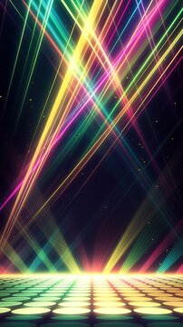 Colorful neon stage background with intersecting light beams and glowing dance floor. Futuristic disco design for music videos, nightlife promotions, Danny Children's day, party event visuals.