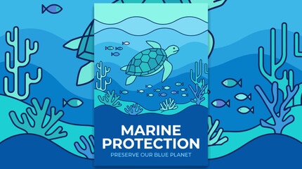 Naklejka premium Vibrant underwater illustration depicting a sea turtle swimming among coral reefs, symbolizing crucial marine conservation efforts for a healthy blue planet