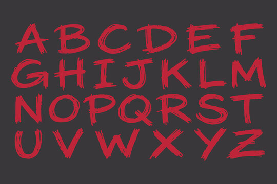 Uppercase alphabet letters ABCDEFGHIJKLMNOPQRSTUVWXYZ in red brush stroke font on dark background.