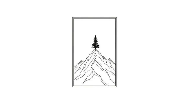 Minimalist Line Art: Lone Pine Tree on Mountain Peak