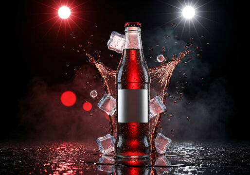 Highly dynamic futuristic soda bottle explosion background with vibrant neon lights and dramatic red liquid splash effects creating an intense energy drink commercial poster design atmosphere
