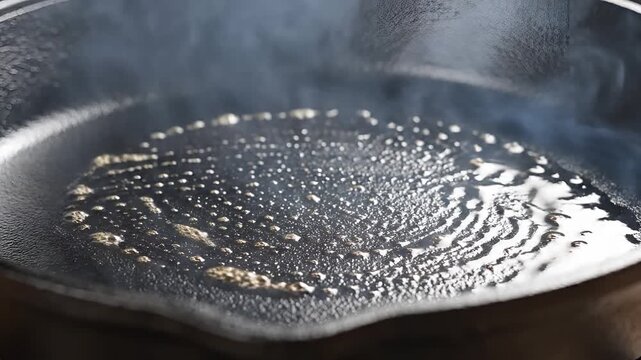 Closeup of oil being brushed onto a hot cast iron skillet.