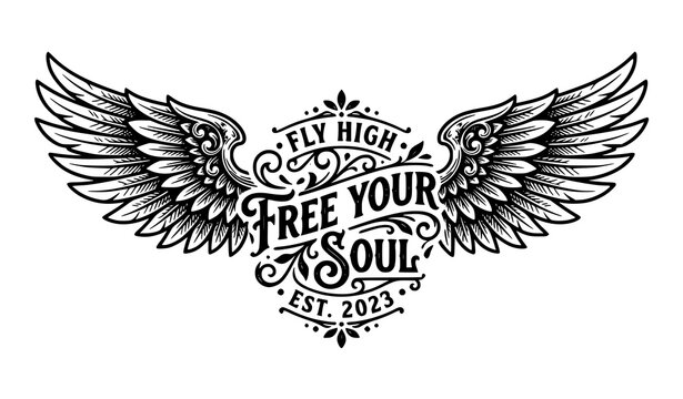 Vintage Angel Wings and Decorative Lettering Vector Drawing Design