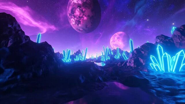 Glowing blue crystals stand on a dark alien planet surface
