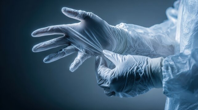 Clinician prepares for catheterization with sterile gloves in focused setting