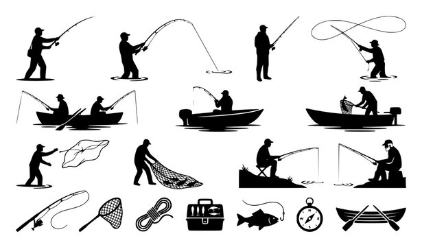 Fisherman Icons Silhouette Vector Collection with Fishing Symbols