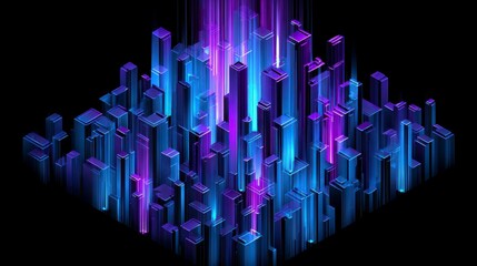 Obraz premium Futuristic 3D Digital Cityscape with Glowing Neon Lights in Blue and Purple Tones Against Black Background