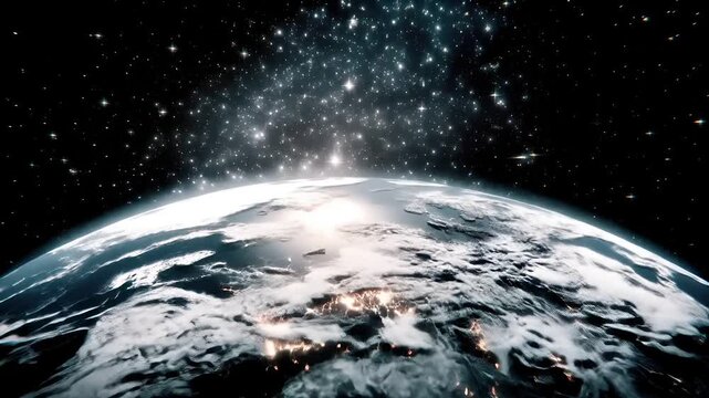 Space universe exploration, fantasy, mysterious. A detailed digital artwork depicts a celestial scene. The main subject is the Earth, illuminated by a radiant light source emanating from its surface.