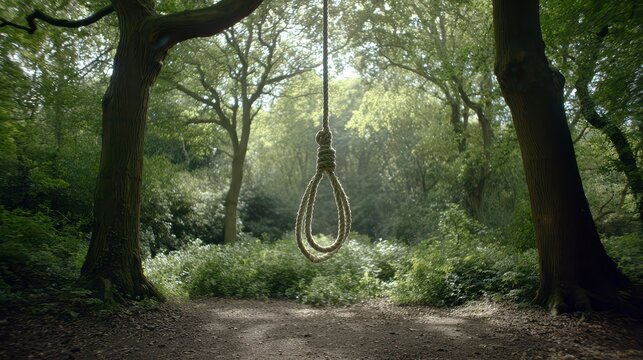 Rope Hanging From Tree Branch in Serene Forest Landscape Surrounded by Lush Greenery and Soft Sunlight