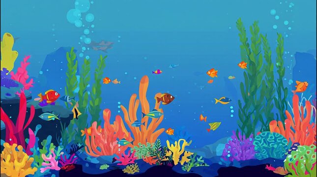 Vibrant underwater coral reef illustration background featuring colorful tropical fish seaweed and deep blue ocean marine life scenery
