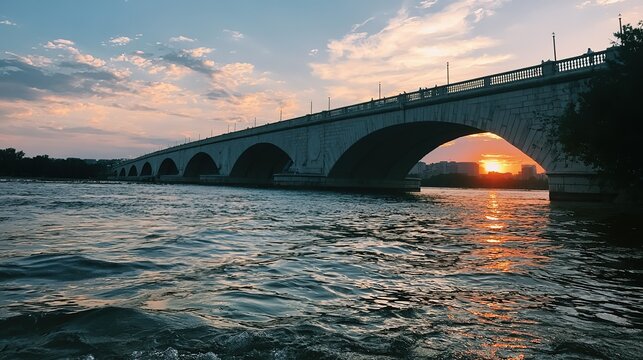 Historic Multi-Arch Stone Bridge Over Rippling River at Golden Hour Sunset, Urban Cityscape in Background, Scenic Waterfront with Pedestrians and Warm Sunlight Reflections on Water