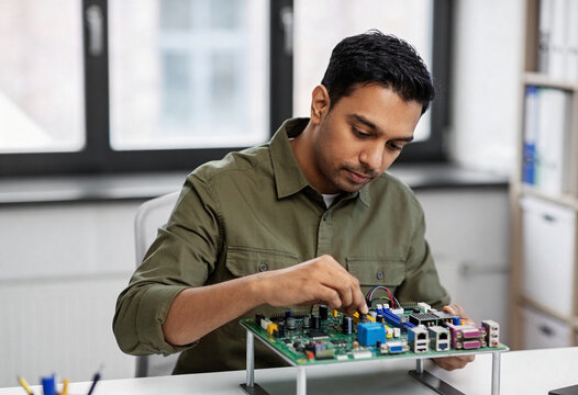 Focused Indian male technician repairing electronic circuit board at workspace in bright modern laboratory setting