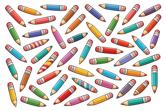 Logic Puzzle for Children and Adults: Can You Find Two Identical Pencils? Educational Game for Kids, Seek and Find Activity Page with Colorful Cartoon Stationery, School Supplies and Art Tools