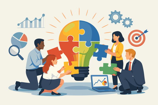 Diverse business team collaborating to assemble a lightbulb puzzle, symbolizing innovation, creative problem-solving, and strategic teamwork in a modern corporate office environment.