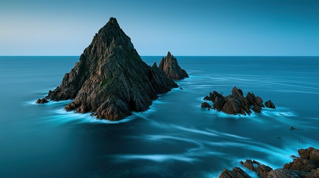 Long Exposure Blue Hour Coastal Seascape: Jagged Rock Formations, Smooth Ocean Waters, Serene Ocean Landscape for Wall Art, Background & Decor