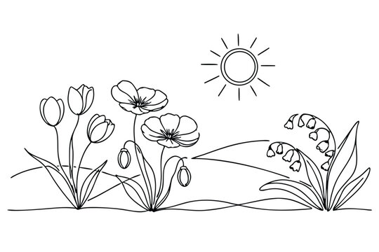 Continuous One Line Drawing of Spring Flowers Including Tulips, Poppies, and Lily of the Valley Under a Shining Sun, Minimalist Floral Garden Vector Illustration for Nature and Art Design