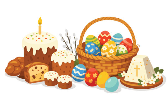 Orthodox Christian Easter Celebration with Traditional Kulich Cakes, Decorated Colorful Eggs in a Wicker Basket, Paska Cheese Dessert, Willow Branches, and a Lit Candle Vector Illustration.