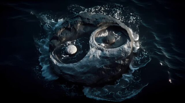 Yin Yang, Chinese philosophy, harmony, balance, Taoism. A digital artwork depicts a surrealistic representation of a yinyang symbol. The symbol is surrounded by swirling water.