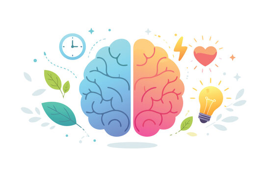 Minimalist Vector Illustration of a Dual Colored Brain for Stress Awareness Month with Symbols for Logic, Emotion, and Creativity like a Clock, Heart, and Lightbulb for Mental Health Wellness.