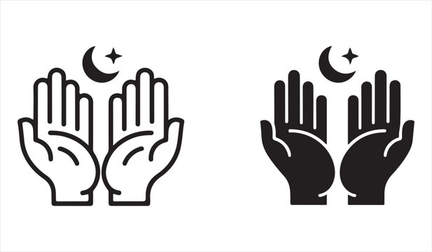 Islamic prayer hands icons with crescent moon in outline and silhouette design