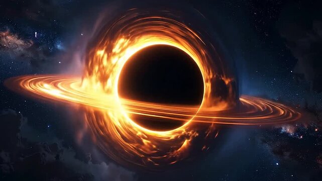 A glowing orange ring surrounds a dark void in deep space
