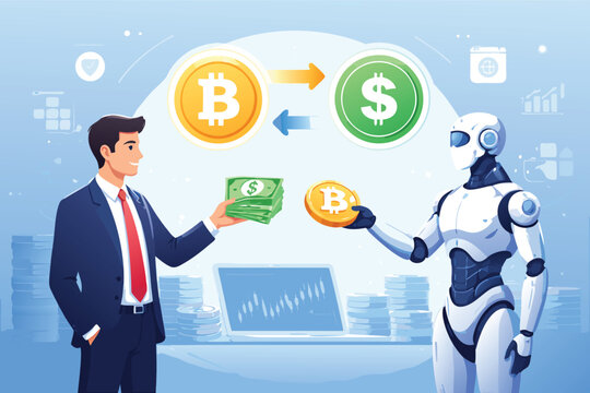 Businessman and AI Robot Exchanging Bitcoin for Cash Dollars. Fintech Concept of Automated Cryptocurrency Trading, Digital Finance, Blockchain Technology, Future Economy, and Virtual Asset Market.
