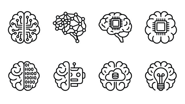 Minimalist Line Art Vector Icon Set of Artificial Intelligence Brain Concepts Featuring Neural Networks, CPU Microchips, Binary Code, Robotic Integration, Cloud Computing, and Creative Idea Bulb