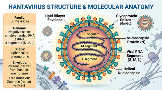 Hantavirus structure and molecular anatomy scientific diagram with hantavirus molecular microbiology pathogen virology structure research genetics scientific education laboratory analysis