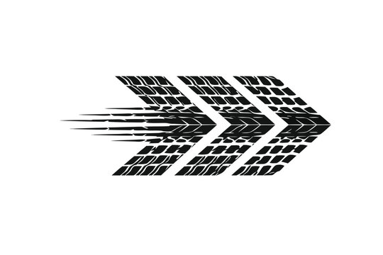 Black Tire Track Racing Arrows Symbolizing High Speed and Performance, Vector Illustration of Automotive Motion and Directional Signs for Car Racing, Drifting, and Transportation Graphic Design.