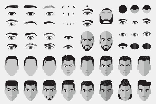 Extensive set of facial features including eyebrows, eyes, face shapes, and hairstyles for customizable character creation in games.