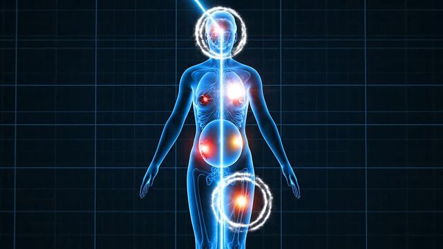Illuminated Human Anatomy Illustration with Highlighted Energy Centers Over a Grid Background in a Futuristic Medical Concept