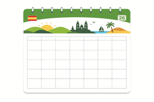 March 2026 Spanish Calendar Page Marzo Monthly Paper Planner for Spain with Spanish Flag and Scenic Landscape Illustration of Sun Hills Church Sailboat and Palm Tree Simple Flat Vector Design