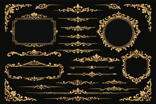 Luxury Gold Vintage Ornamental Frames and Decorative Dividers Set; Elegant Baroque Borders, Corner Floral Elements for Wedding Invitations, Certificates, and Premium Branding Design Elements