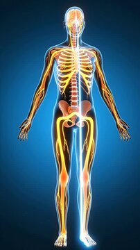 Illuminated Human Anatomy Visualization: Detailed Medical and Health Representation of the Skeletal and Nervous Systems Against a Vibrant Blue Background