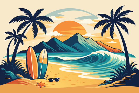 Vintage Tropical Beach Sunset Vector Illustration with Palm Trees, Mountains, Surfboards, and Ocean Waves. Retro Surfing Club Graphic Design for Summer Apparel, Posters, and Travel Backgrounds.