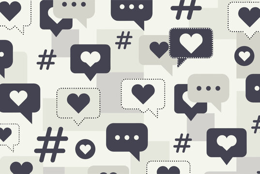 Background pattern features various social media icons including heart bubbles, speech bubbles, and hashtags in a neutral palette.