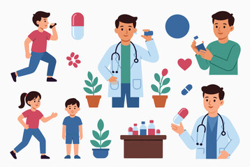 Fototapeta premium Set of healthcare-related illustrations features doctors, children, medicine bottles, and healthy lifestyle activities.