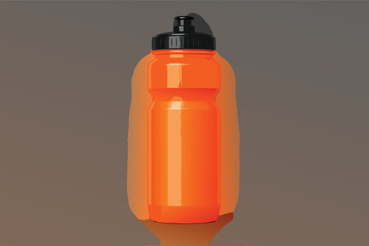 Vector 3D Realistic Orange Sports Water Bottle Mockup Isolated on Dark Background. Blank Plastic Cycling Water Bottle with Black Cap for Fitness, Gym, Running, Biking, and Outdoor Exercise.