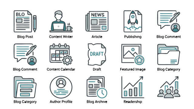 Blogging and Content Creation Icon Set Featuring Blog Post, Content Writer, News Article, Publishing Rocket, Comments, Editorial Calendar, Draft, Featured Image, Category, Author Profile, Readership