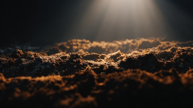 Dramatic spotlight on rich fertile soil surface, dark earthy ground texture background with copy space